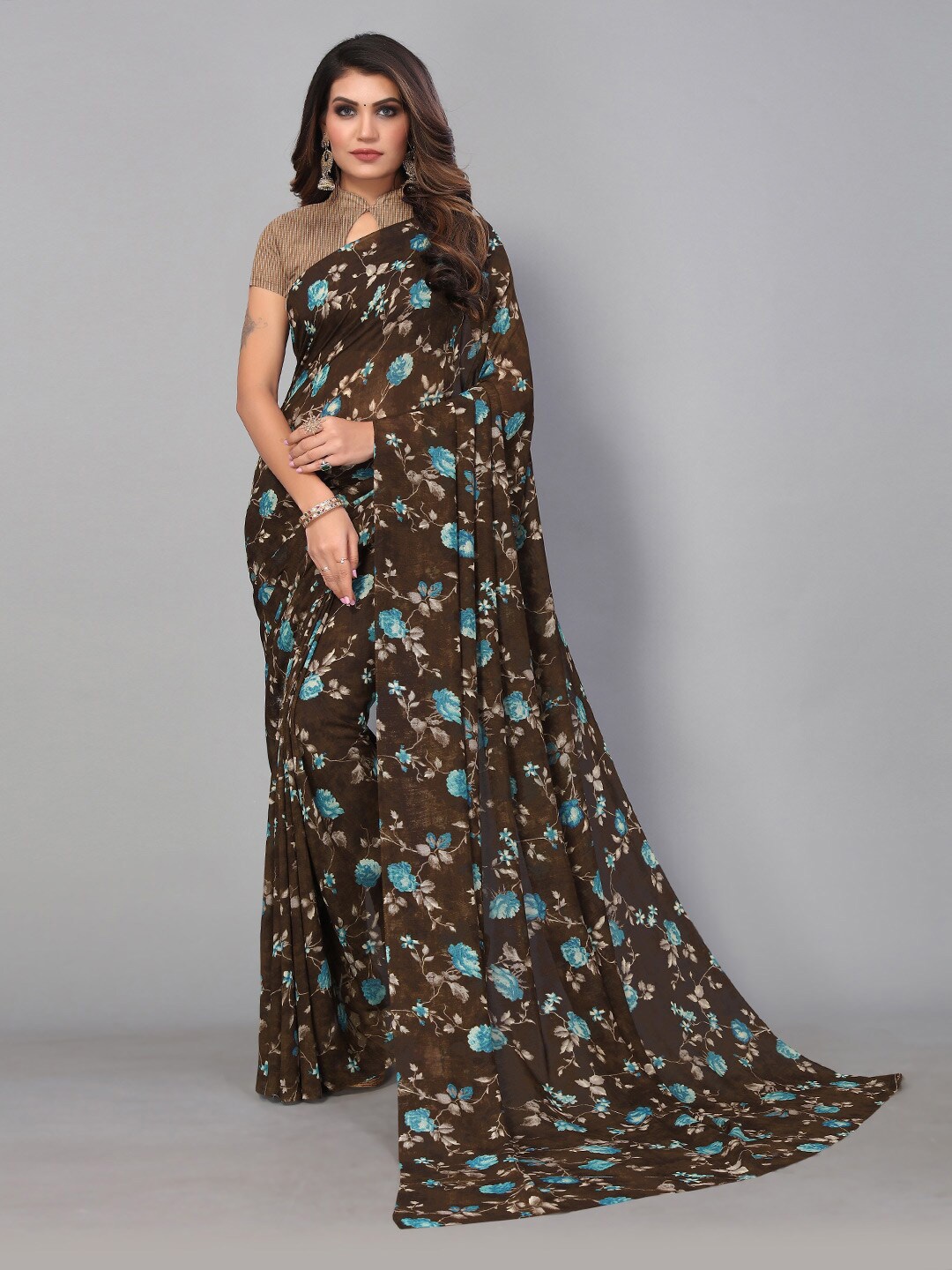 

KALINI Floral Printed Pure Georgette Saree, Brown