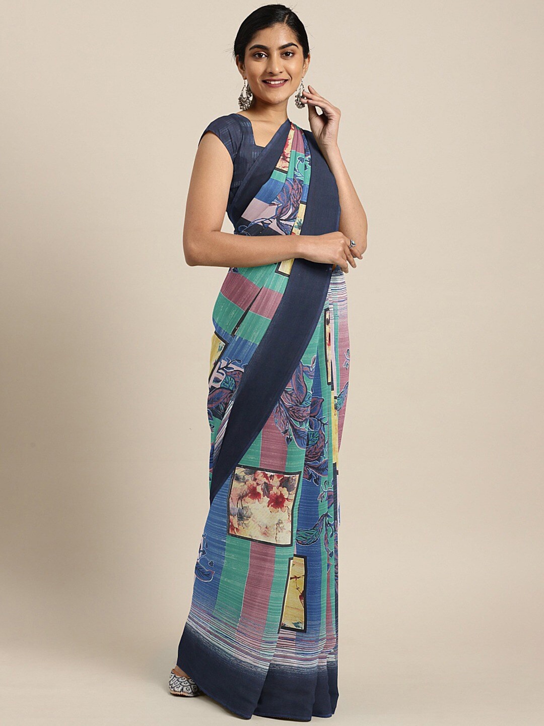 

KALINI Floral Printed Georgette Saree, Navy blue