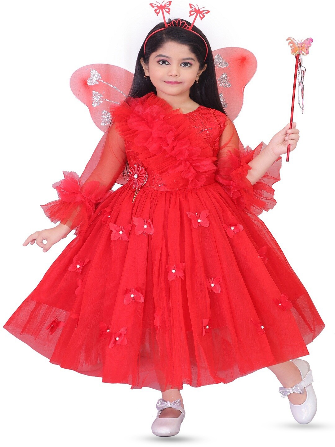 

BAESD Girls Embellished Gathered Detailed Net Fit & Flare Dress, Red