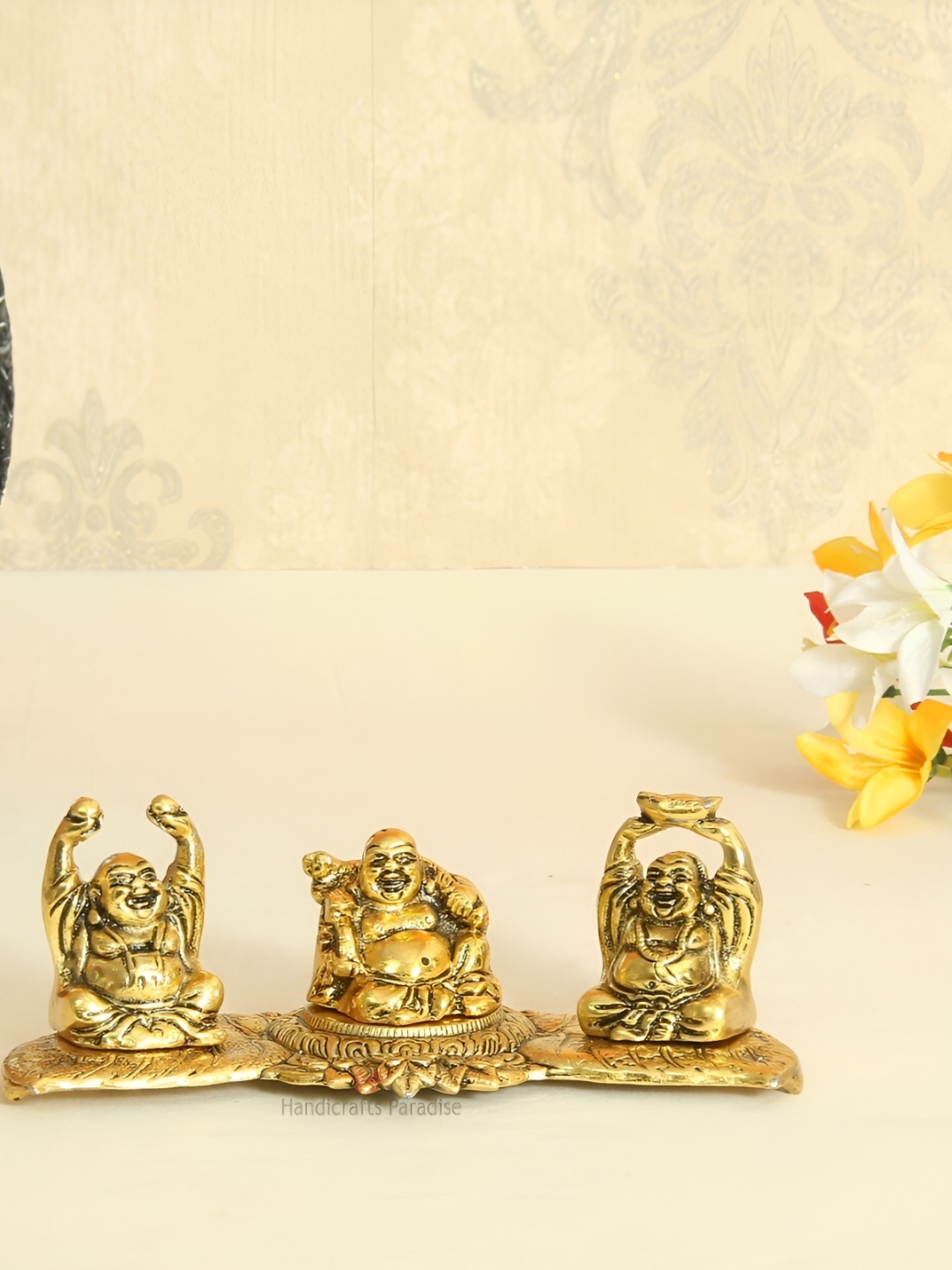 

HANDICRAFTS PARADISE Gold-Toned Laughing buddha in 3 postures Metal Showpiece