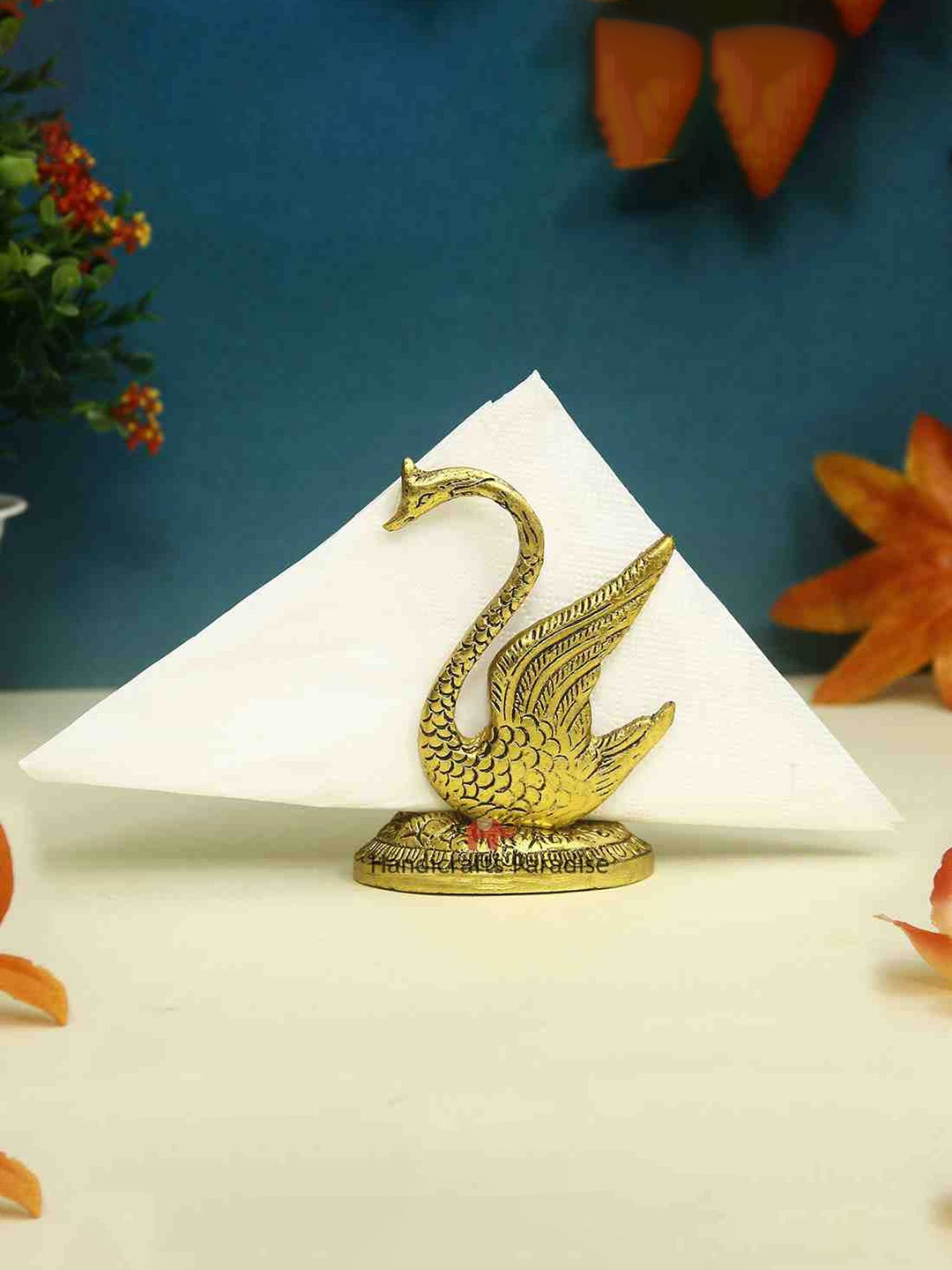 

HANDICRAFTS PARADISE Gold-Toned Swan shaped Napkin holder Showpiece