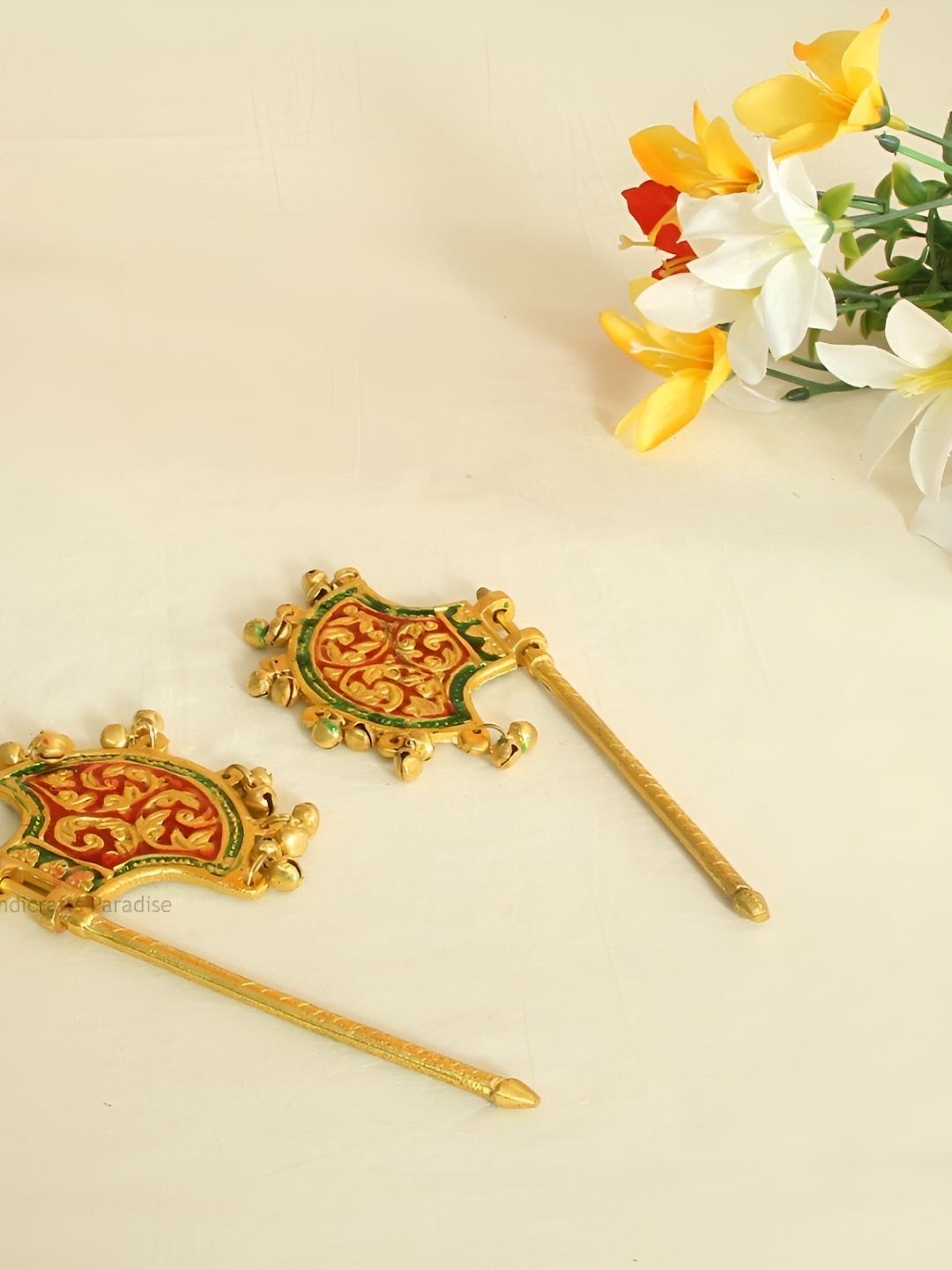 

HANDICRAFTS PARADISE Gold-Toned 2 Pieces Meena Work Metal Pankhi Showpieces