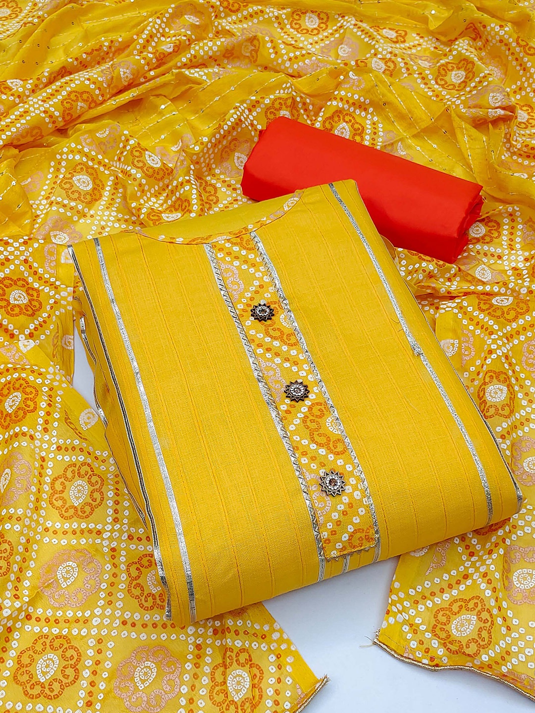 

MANVAA Bandhani Printed Gotta Patti Pure Cotton Unstitched Dress Material, Yellow