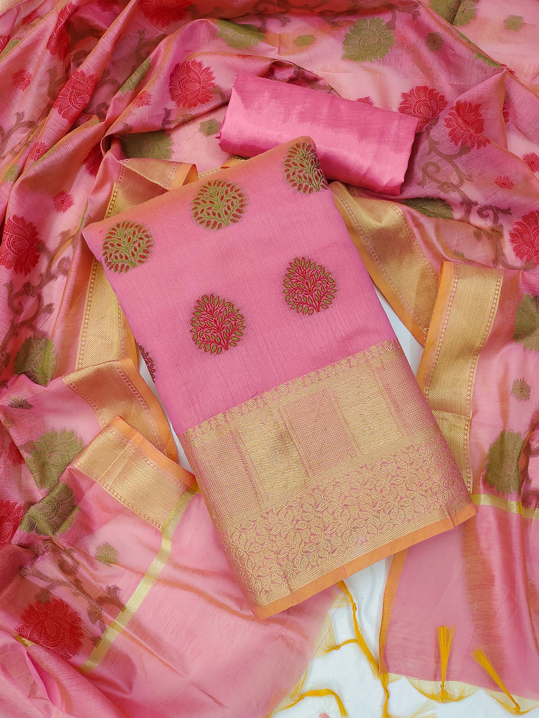 

MANVAA Ethnic Motifs Woven Design Unstitched Dress Material, Pink
