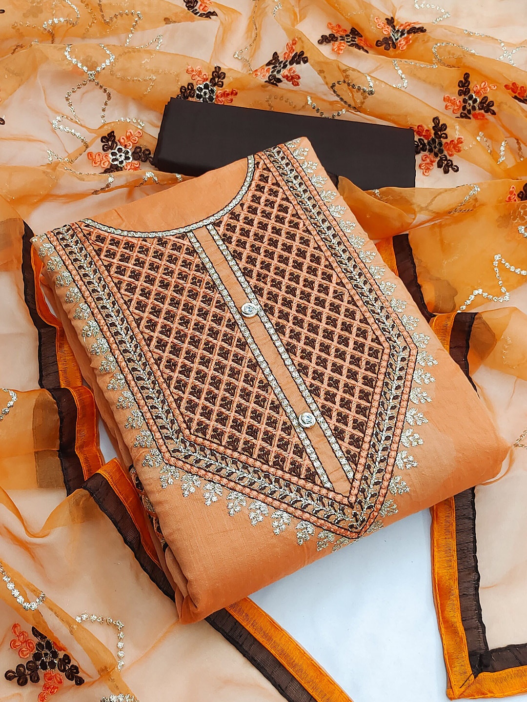 

MANVAA Orange Embroidered Unstitched Dress Material