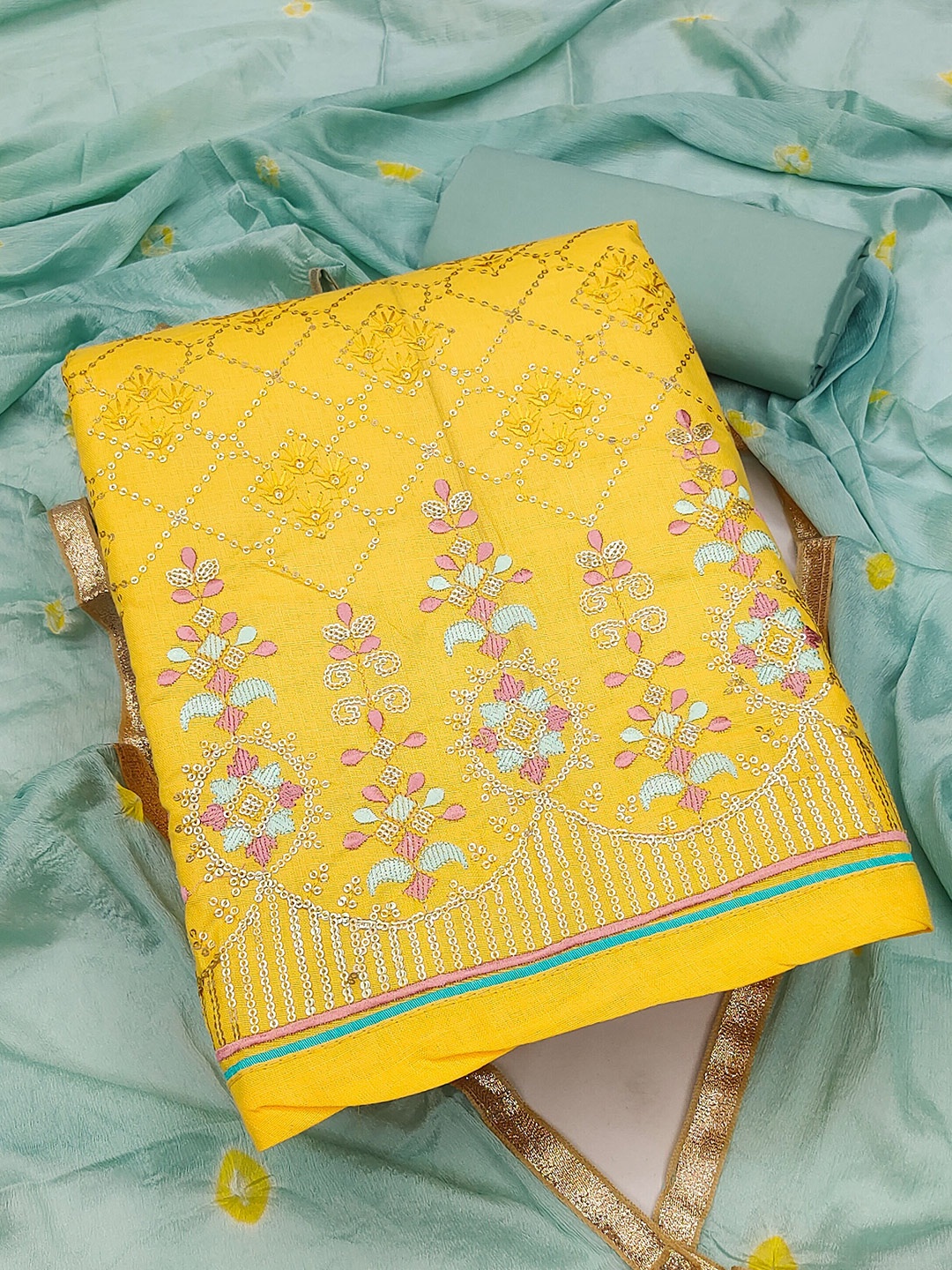 

MANVAA Floral Embellished Pure Cotton Unstitched Dress Material, Yellow
