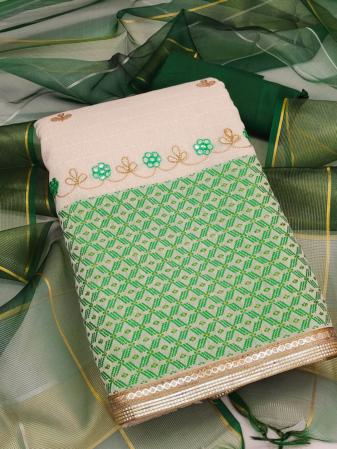 

MANVAA Ethnic Motifs Embroidered Mirror Work Jacquard Unstitched Dress Material, Off white