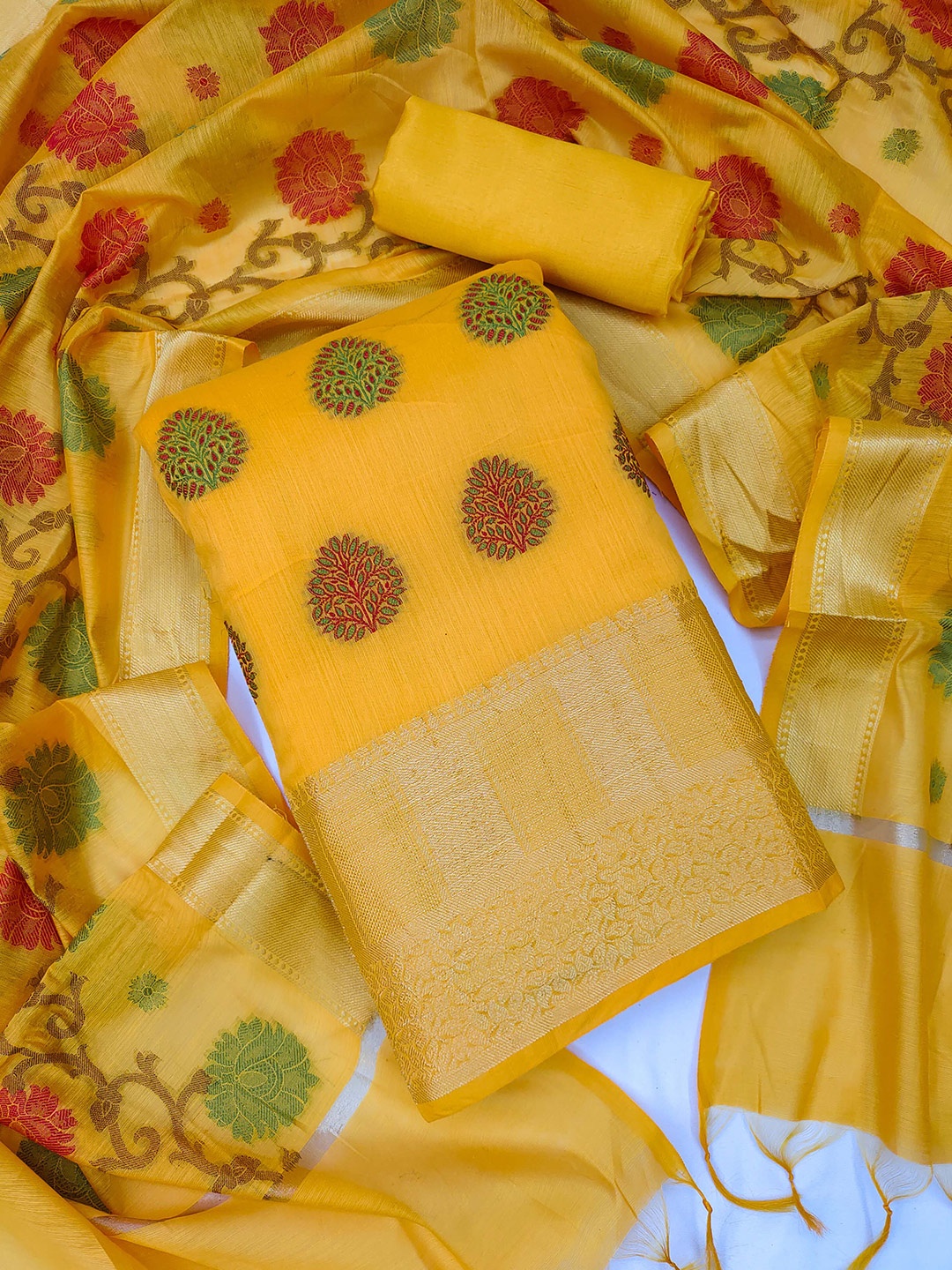 

MANVAA Woven Design Zari Unstitched Dress Material, Yellow