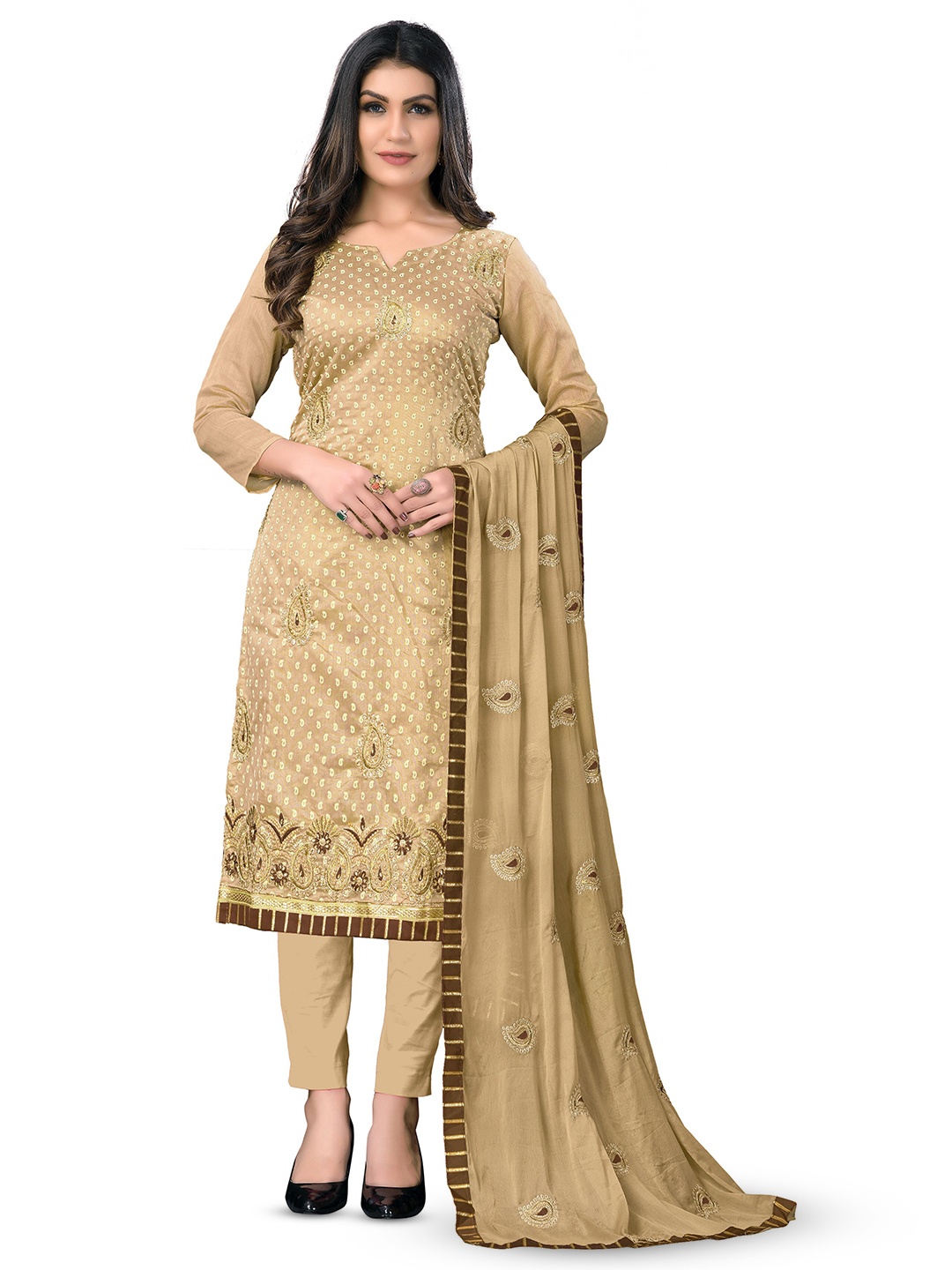 

MANVAA Paisley Embroidered Unstitched Dress Material, Beige