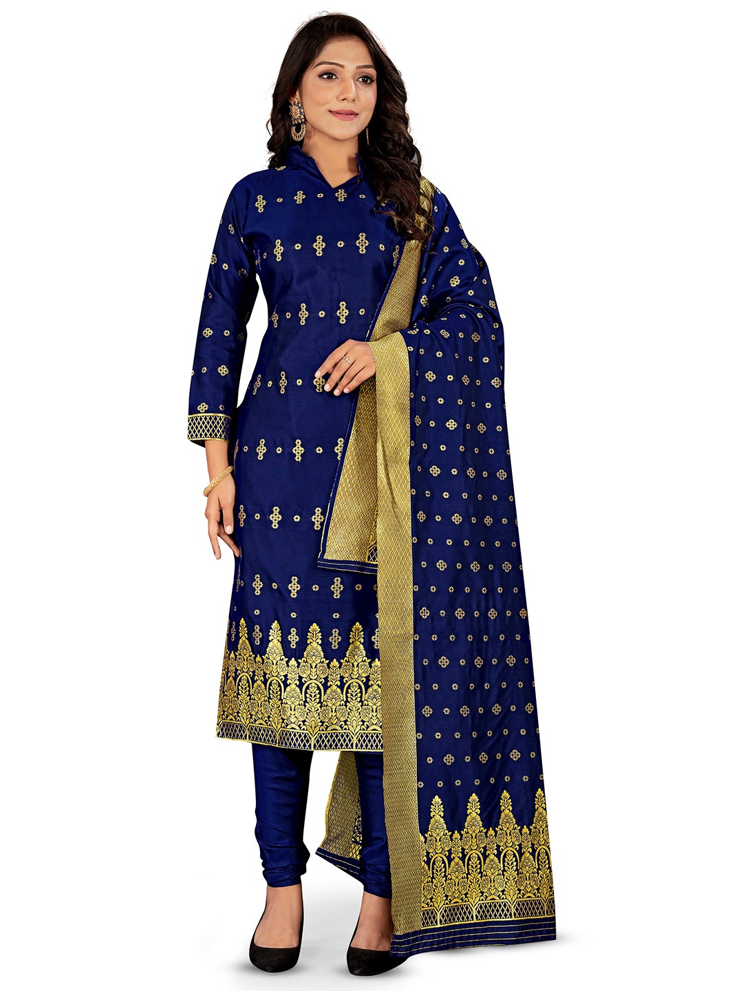 

MANVAA Woven Design Zari Unstitched Dress Material, Navy blue