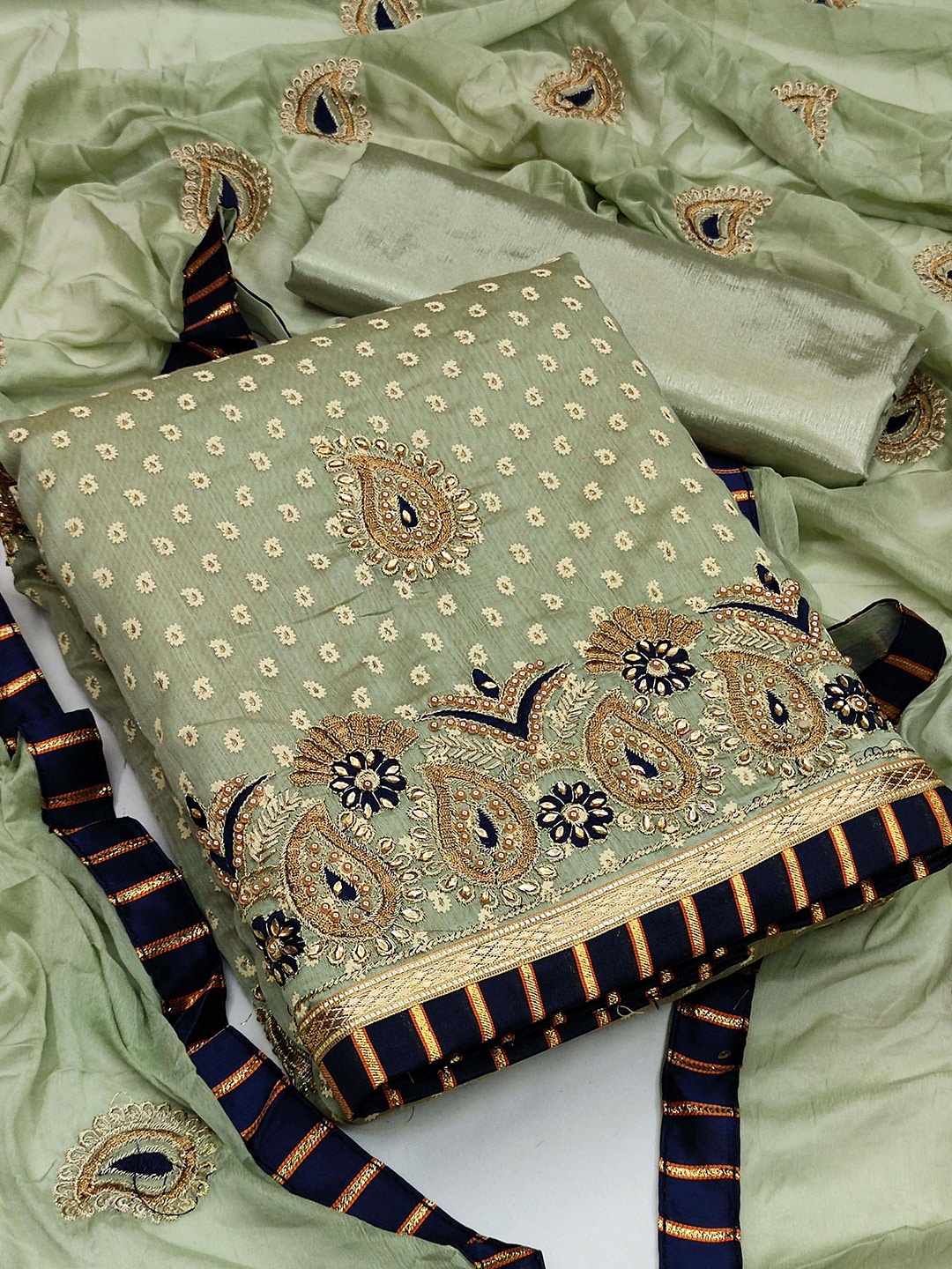 

MANVAA Olive Green Embroidered Unstitched Dress Material
