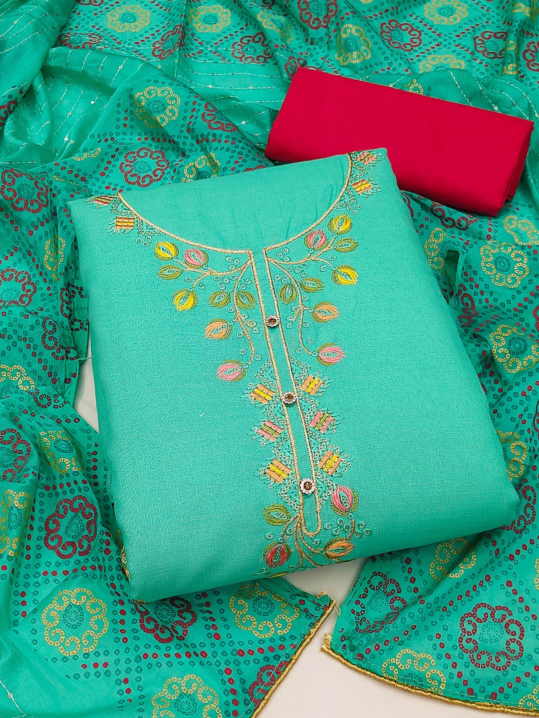 

MANVAA Floral Embroidered Pure Cotton Unstitched Dress Material, Sea green