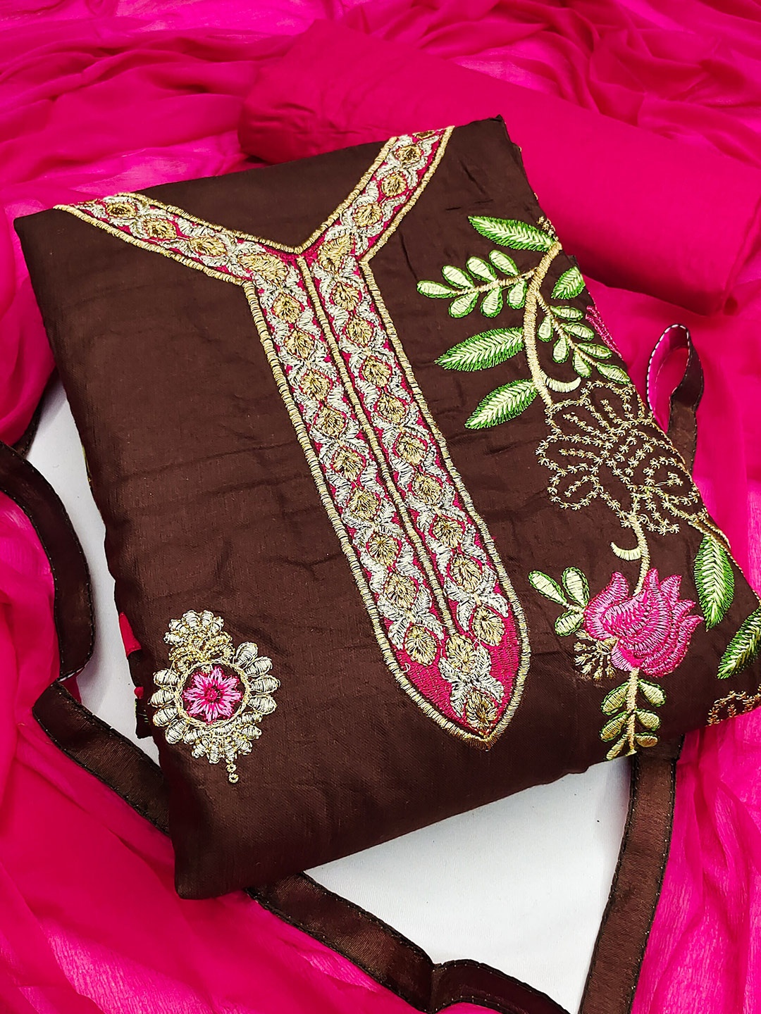 

MANVAA Embroidered Unstitched Dress Material, Brown