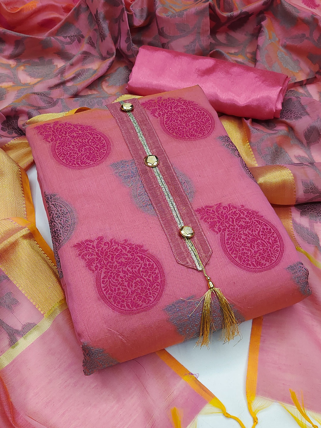 

MANVAA Paisley Woven Design Banarasi Jacquard Unstitched Dress Material, Pink