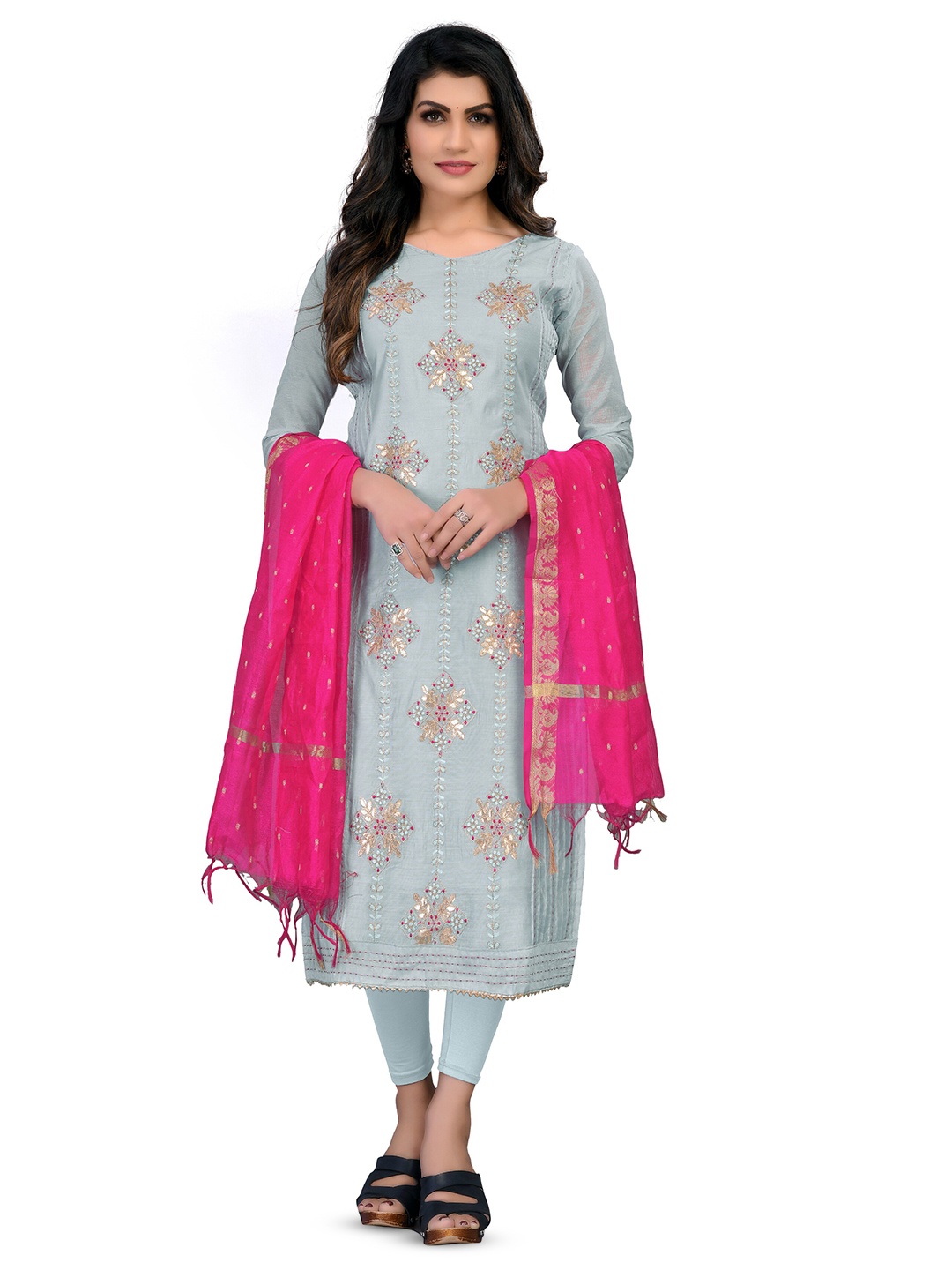 

MANVAA Floral Embroidered Unstitched Dress Material, Grey