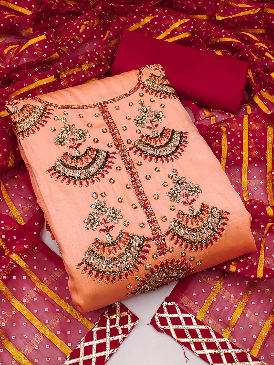 

MANVAA Embellished Unstitched Dress Material, Peach