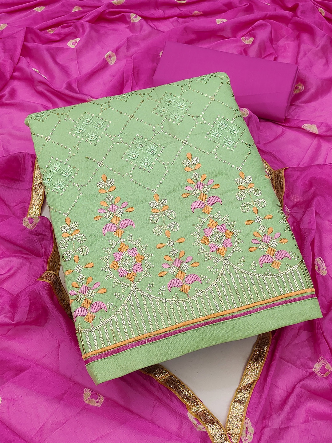 

MANVAA Ethnic Motifs Embroidered Sequinned Detailed Pure Cotton Unstitched Dress Material, Sea green