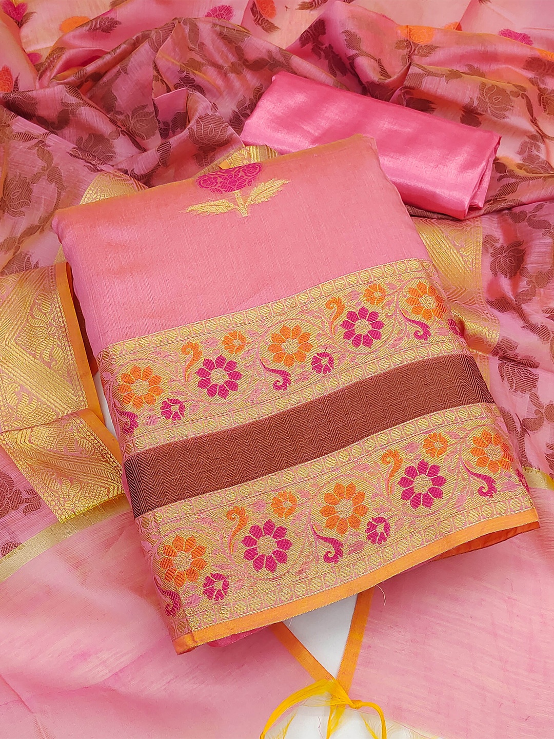 

MANVAA Ethnic Motifs Woven Design Unstitched Dress Material, Pink