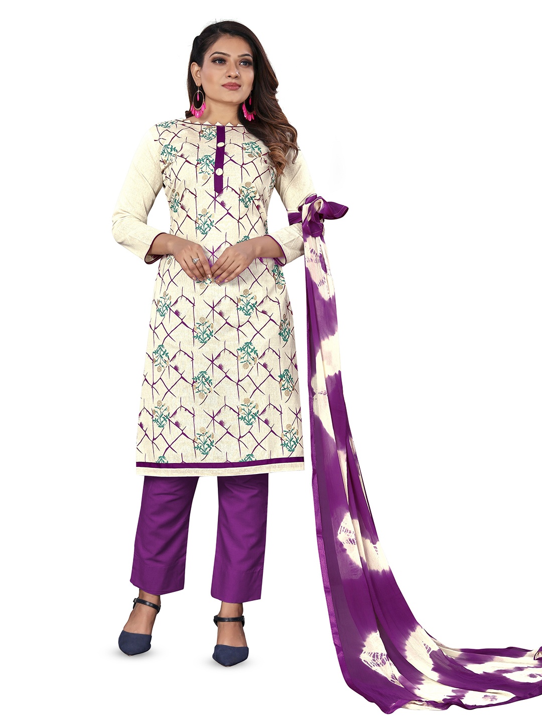 

MANVAA Floral Printed Unstitched Dress Material, White