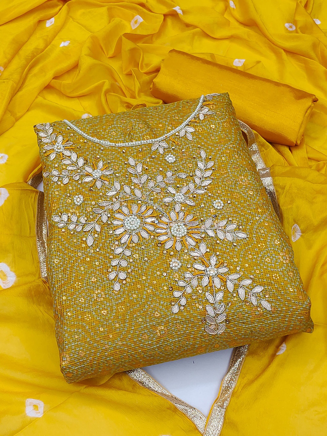 

MANVAA Ethnic Motifs Printed Beads & Stones Detailed Pure Cotton Unstitched Dress Material, Yellow