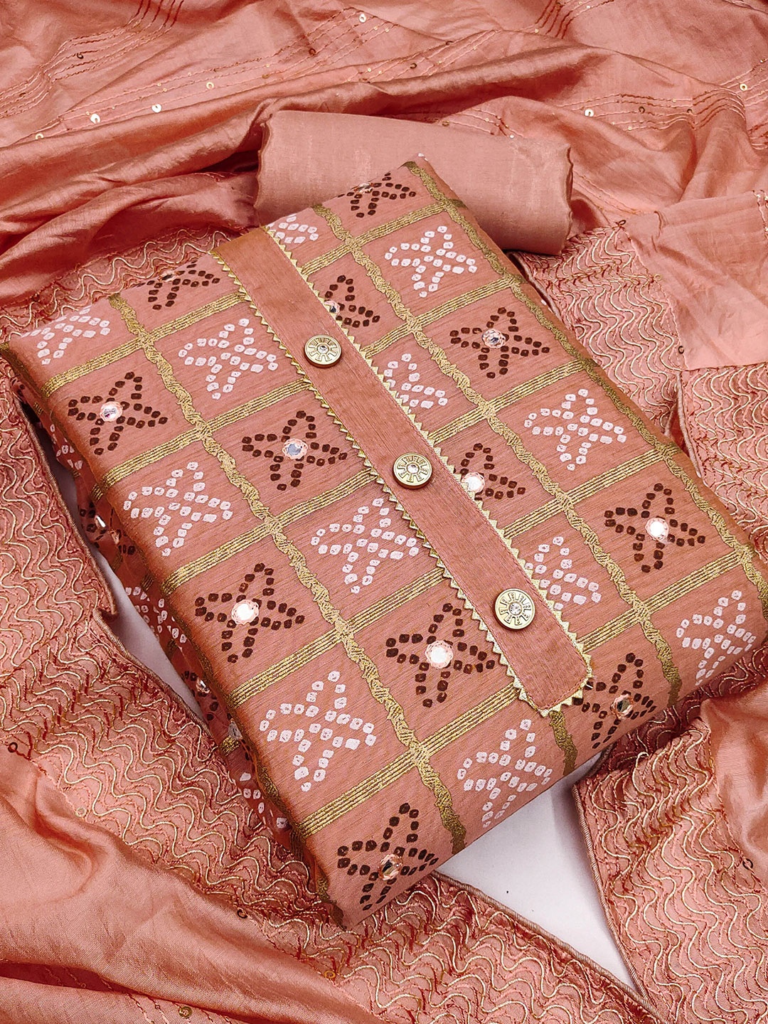 

MANVAA Bandhani Printed Unstitched Dress Material, Pink