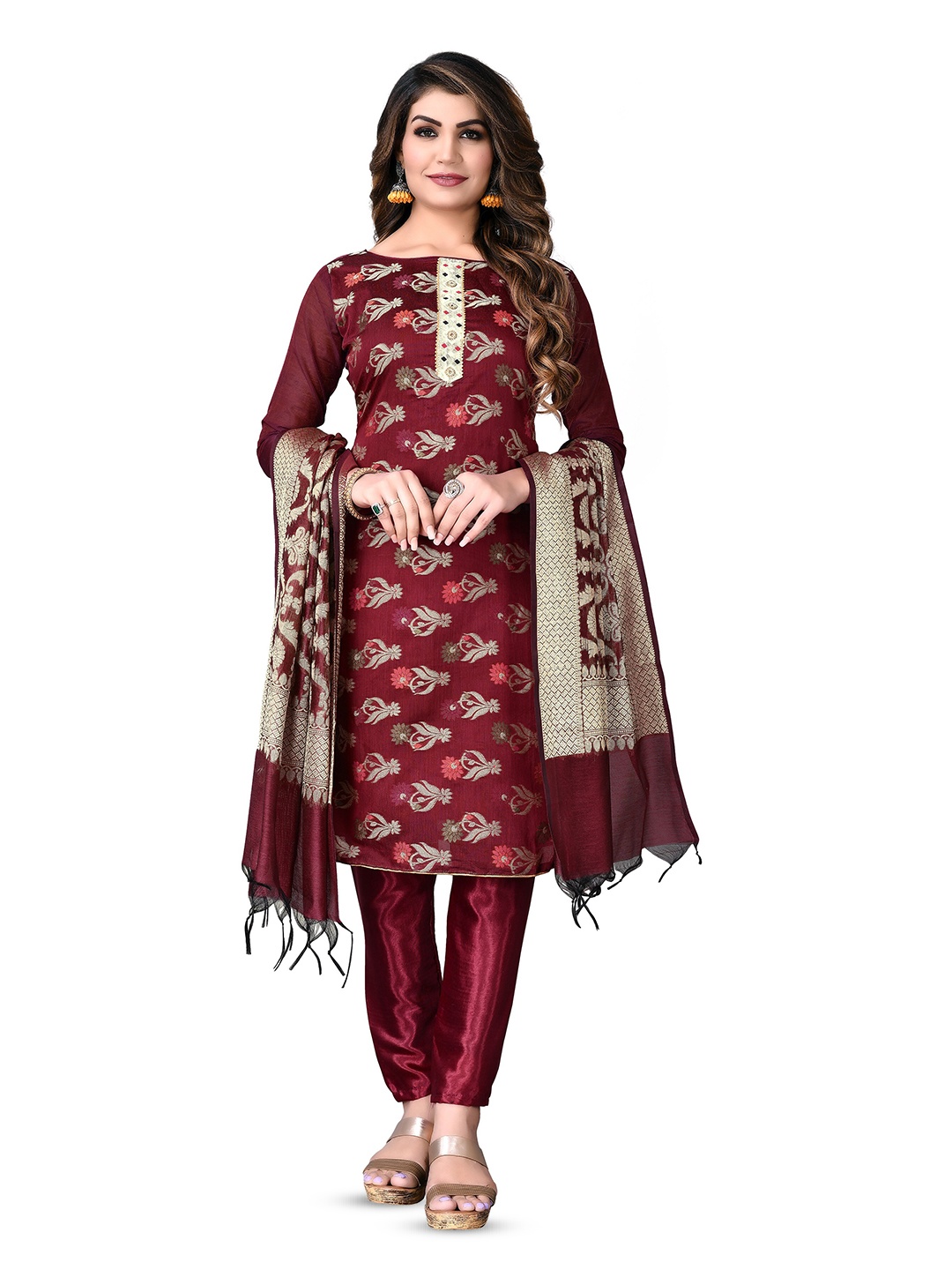 

MANVAA Floral Woven Design Unstitched Dress Material, Magenta