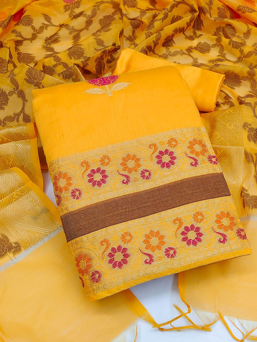 

MANVAA Ethnic Motifs Woven Design Zari Unstitched Dress Material, Yellow