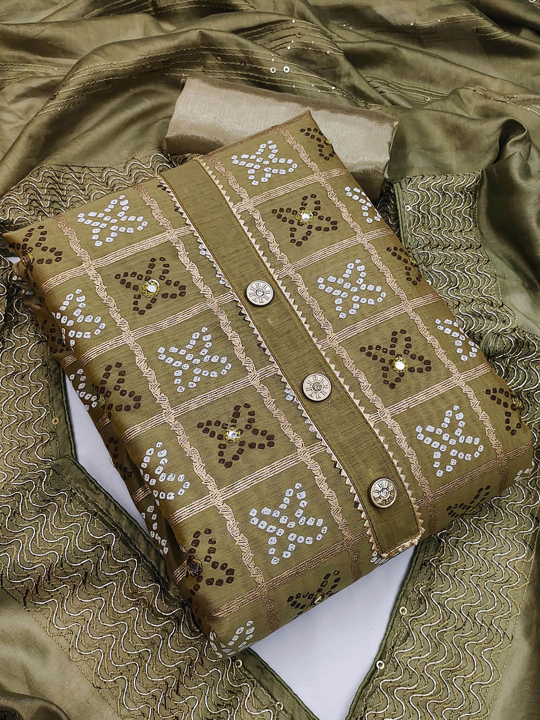

MANVAA Bandini Printed Modal Chanderi Unstitched Dress Material, Olive