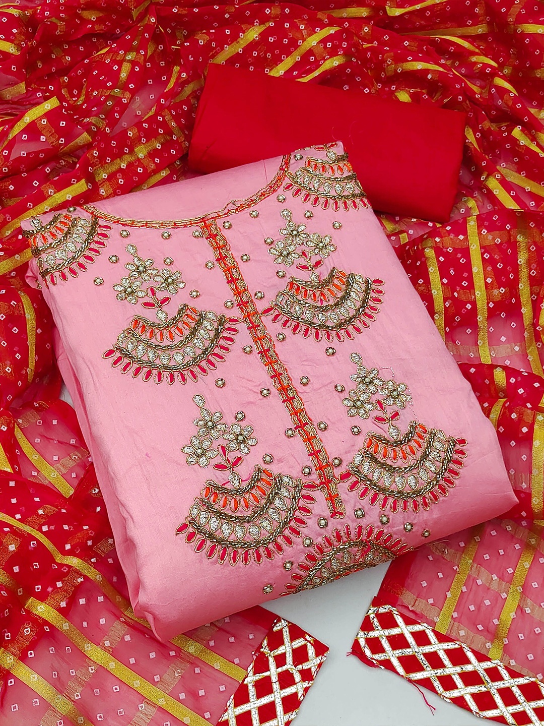 

MANVAA Ethnic Motifs Embellished Beads and Stones Unstitched Dress Material, Pink