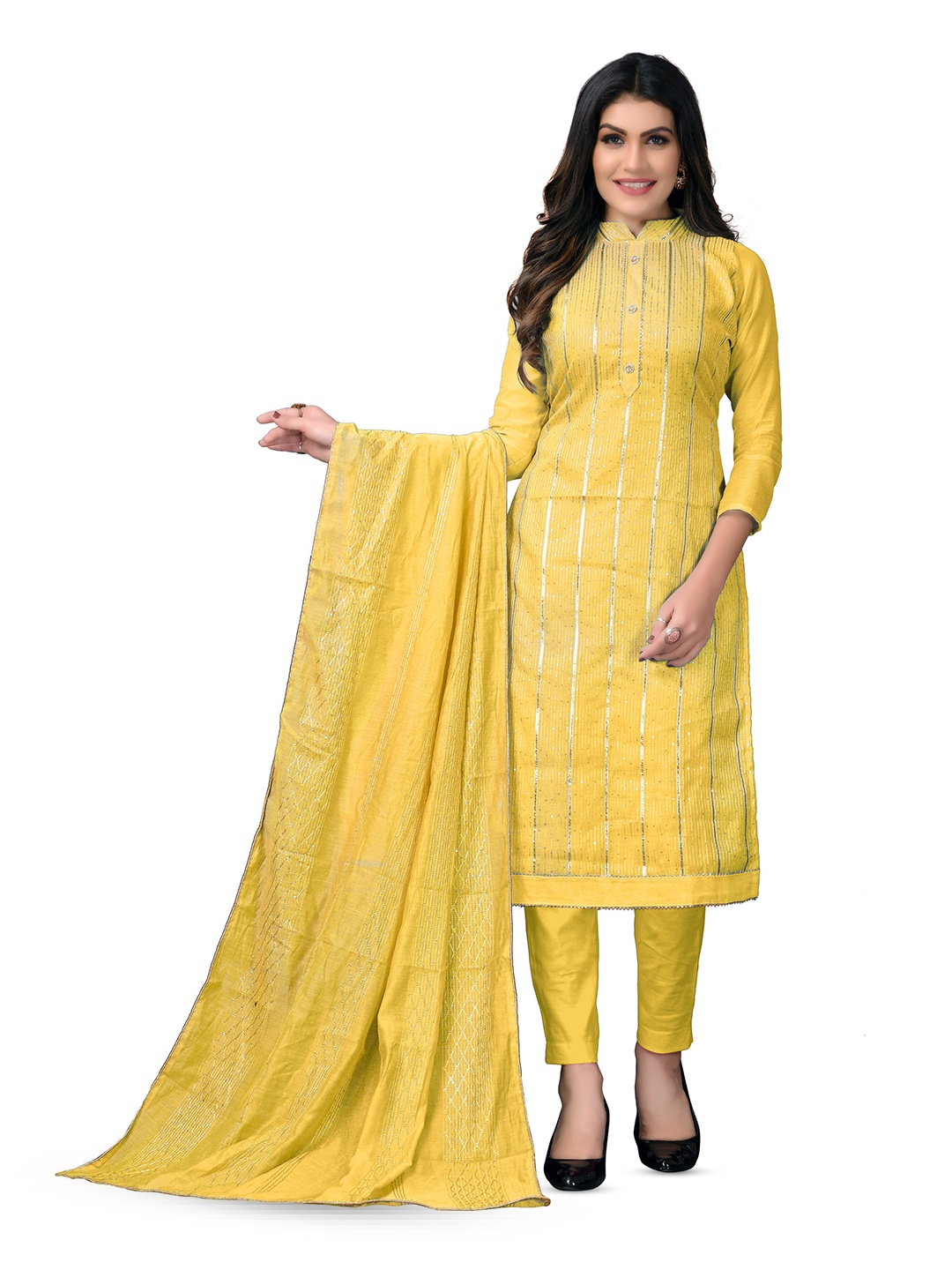 

MANVAA Embroidered Sequinned Unstitched Dress Material, Yellow