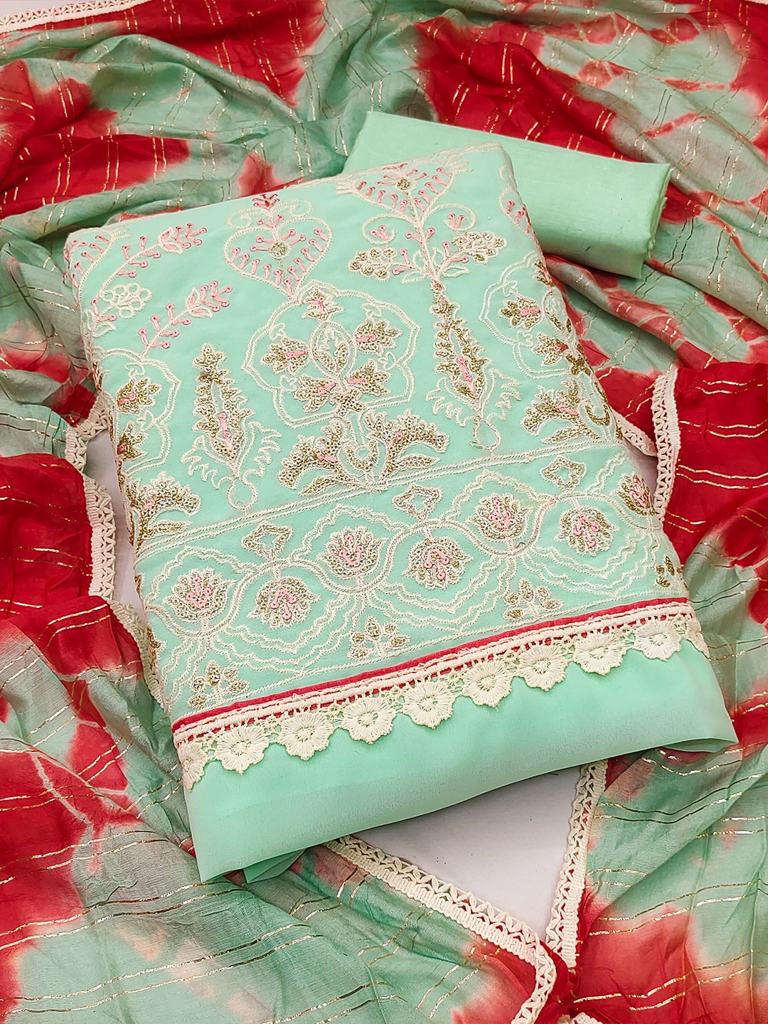 

MANVAA Sea Green Embellished Silk Georgette Unstitched Dress Material