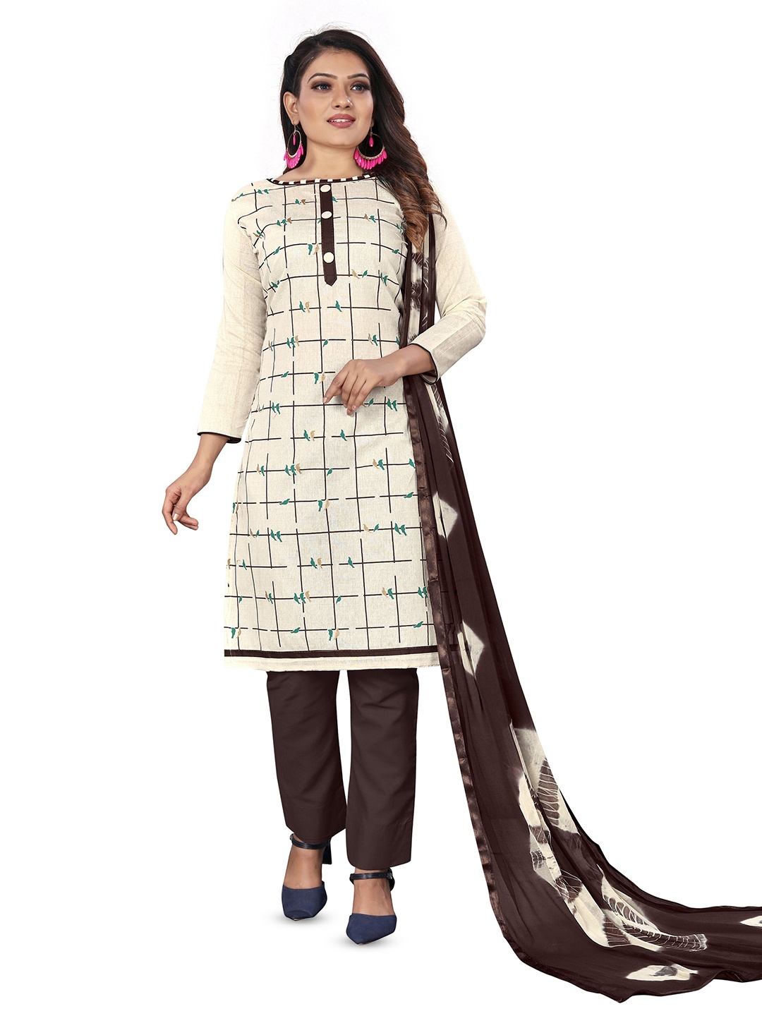 

MANVAA Checked Unstitched Dress Material, Off white