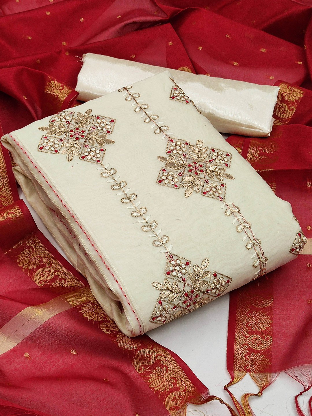 

MANVAA Ethnic Motifs Embroidered Sequined Unstitched Dress Material, White