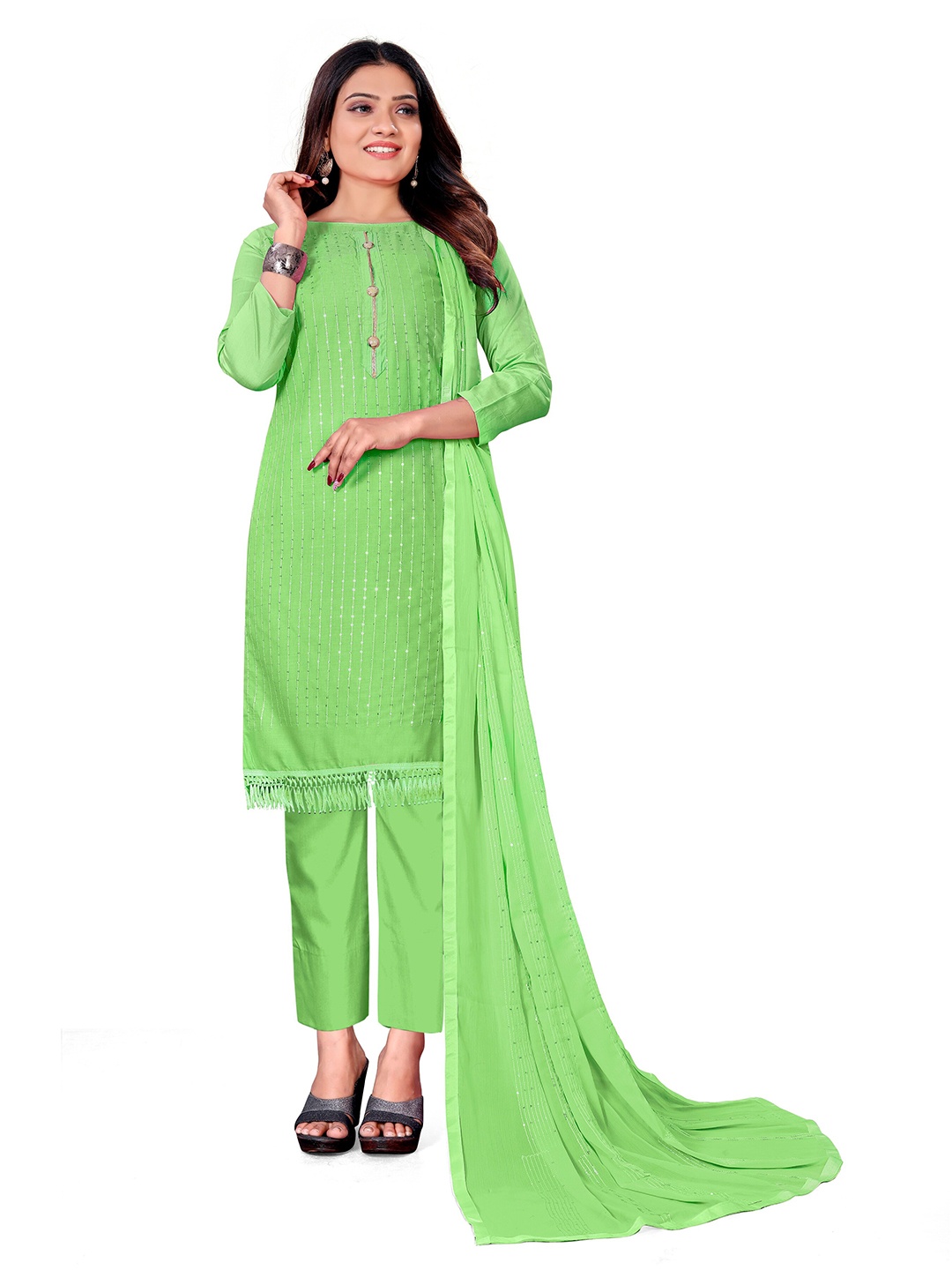 

MANVAA Embellished Sequinned Pure Cotton Unstitched Dress Material, Green