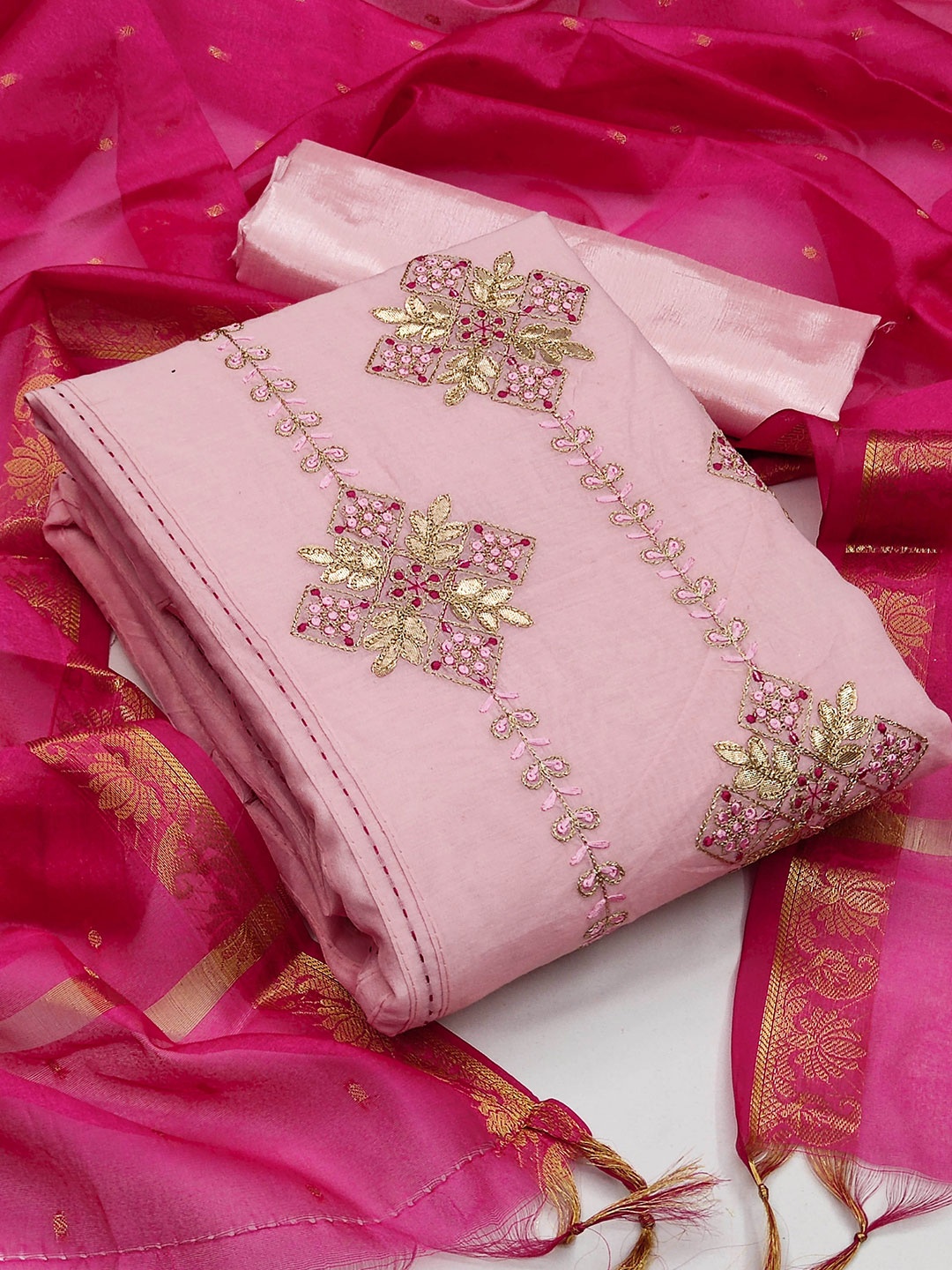 

MANVAA Ethnic Motif Embroidered Unstitched Dress Material, Pink