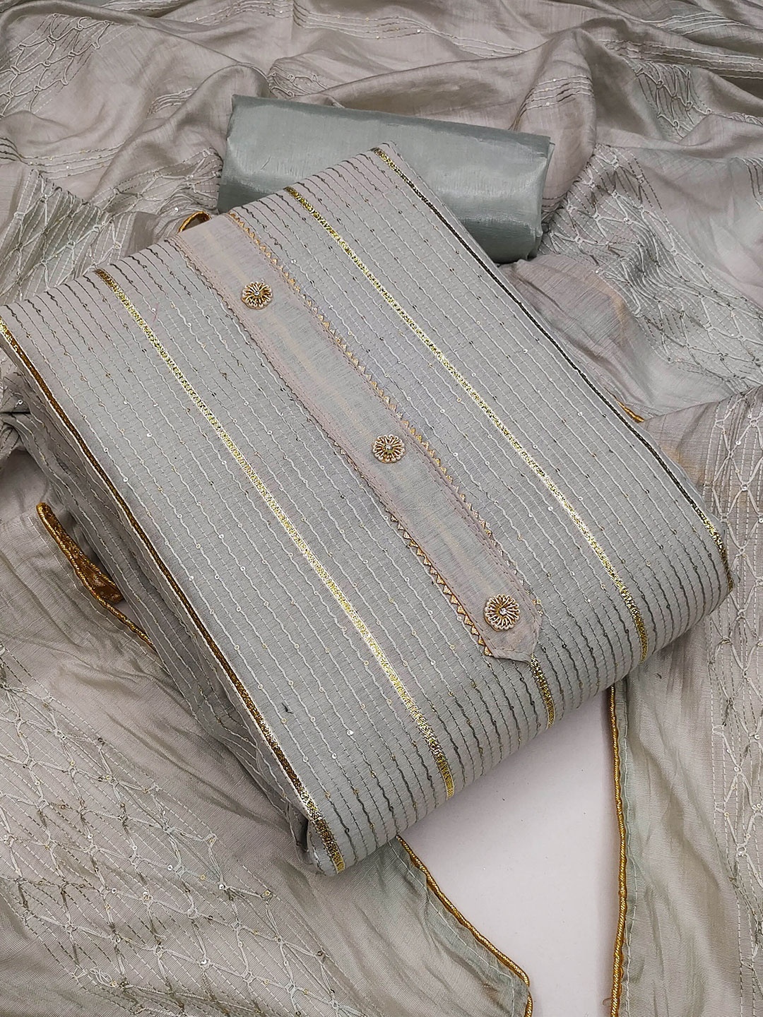 

MANVAA Striped Woven Design Unstitched Dress Material, Grey
