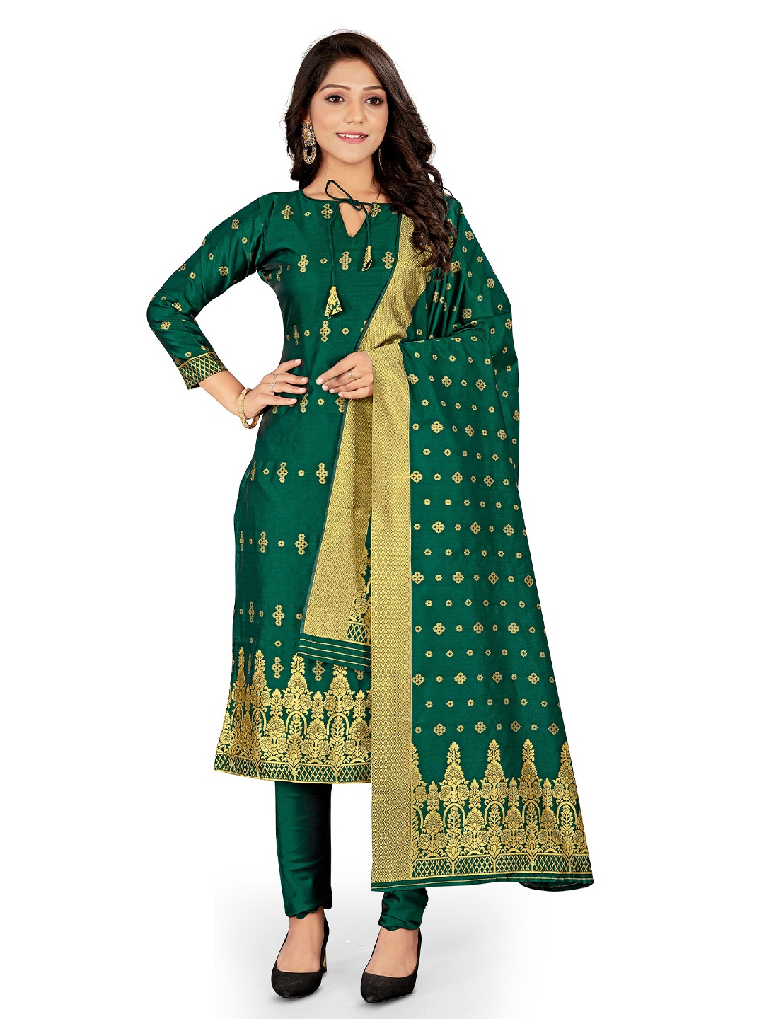 

MANVAA Ethnic Motifs Printed Unstitched Dress Material, Green