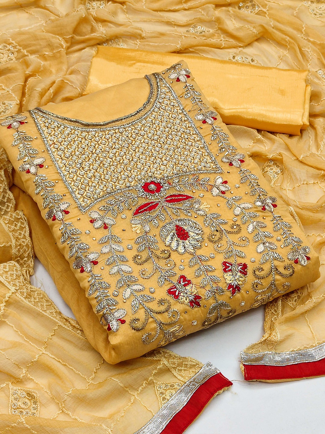 

MANVAA Ethnic Motifs Embroidered Sequined Unstitched Dress Material, Yellow