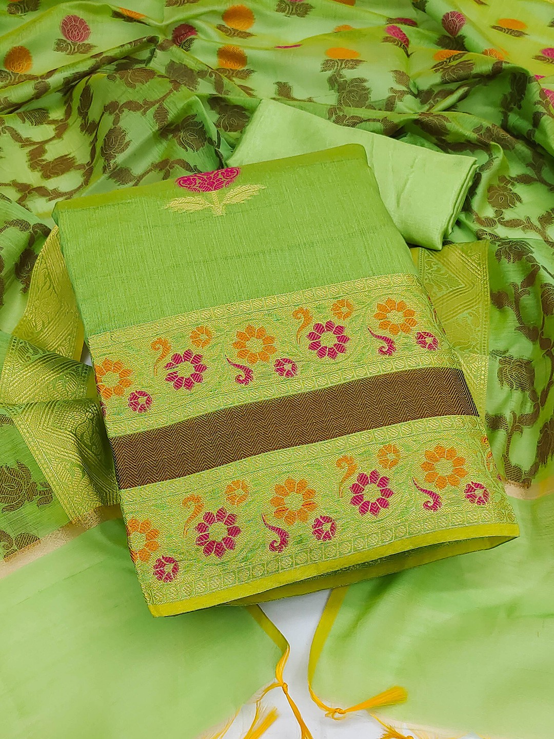 

MANVAA Floral Woven Design Zari Unstitched Dress Material, Green