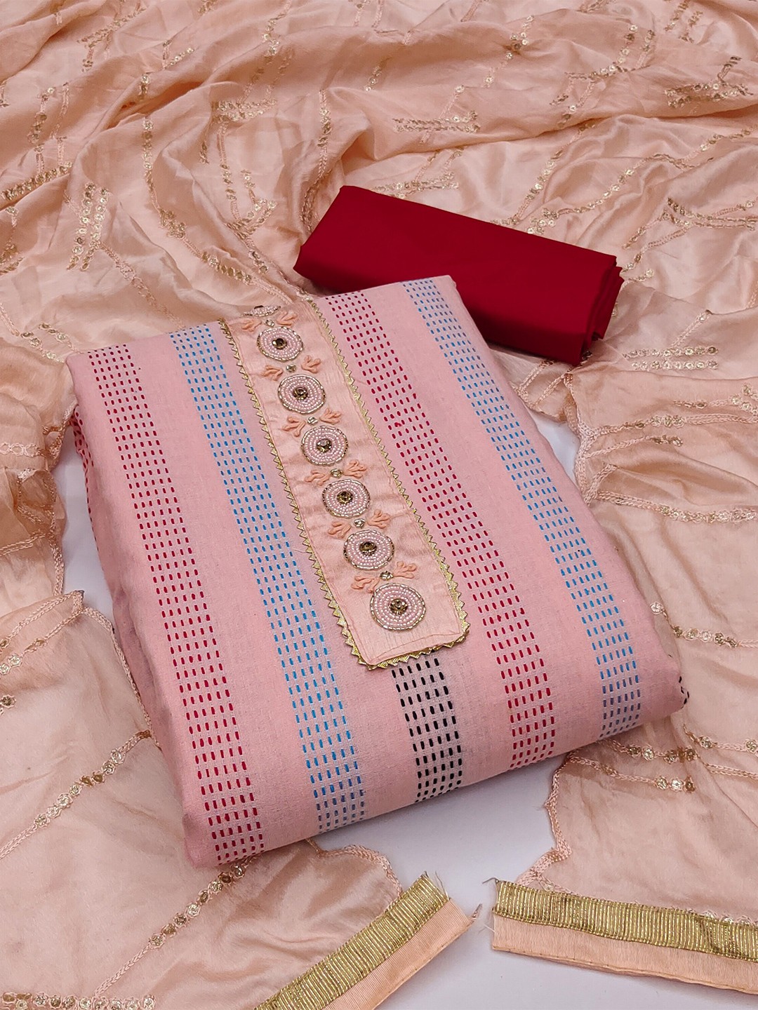 

MANVAA Woven Design Beads & Stones Pure Cotton Unstitched Dress Material, Pink