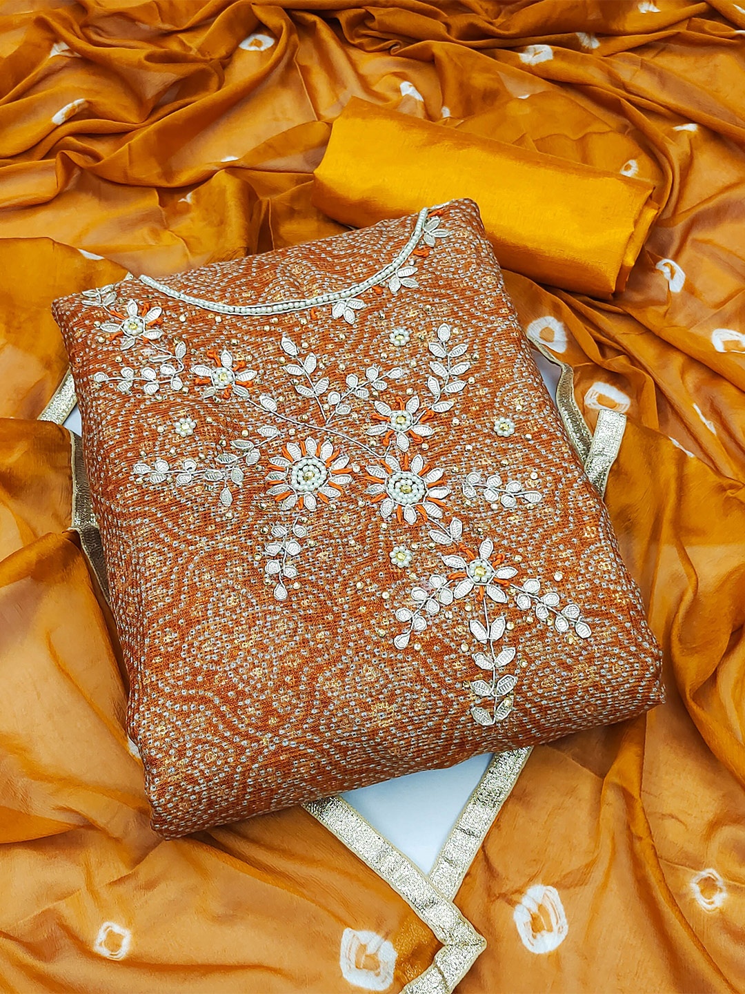 

MANVAA Bandhani Printed Beads & Stones Unstitched Dress Material, Mustard