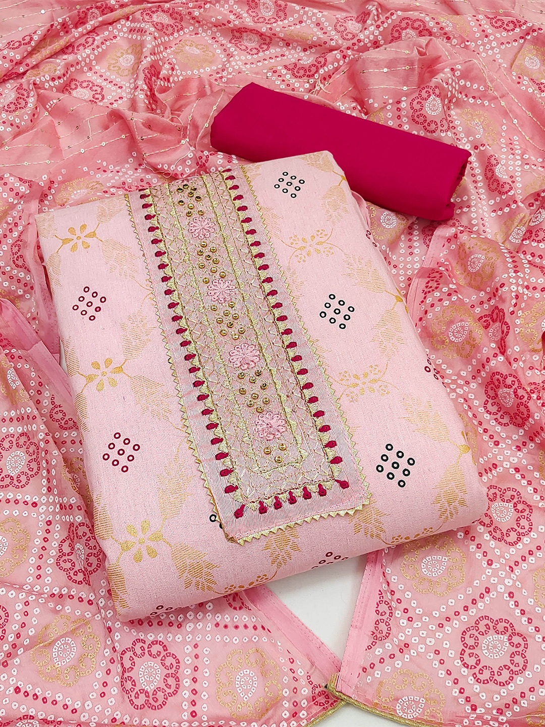 

MANVAA Ethnic Motifs Woven Design Pure Cotton Unstitched Dress Material, Pink