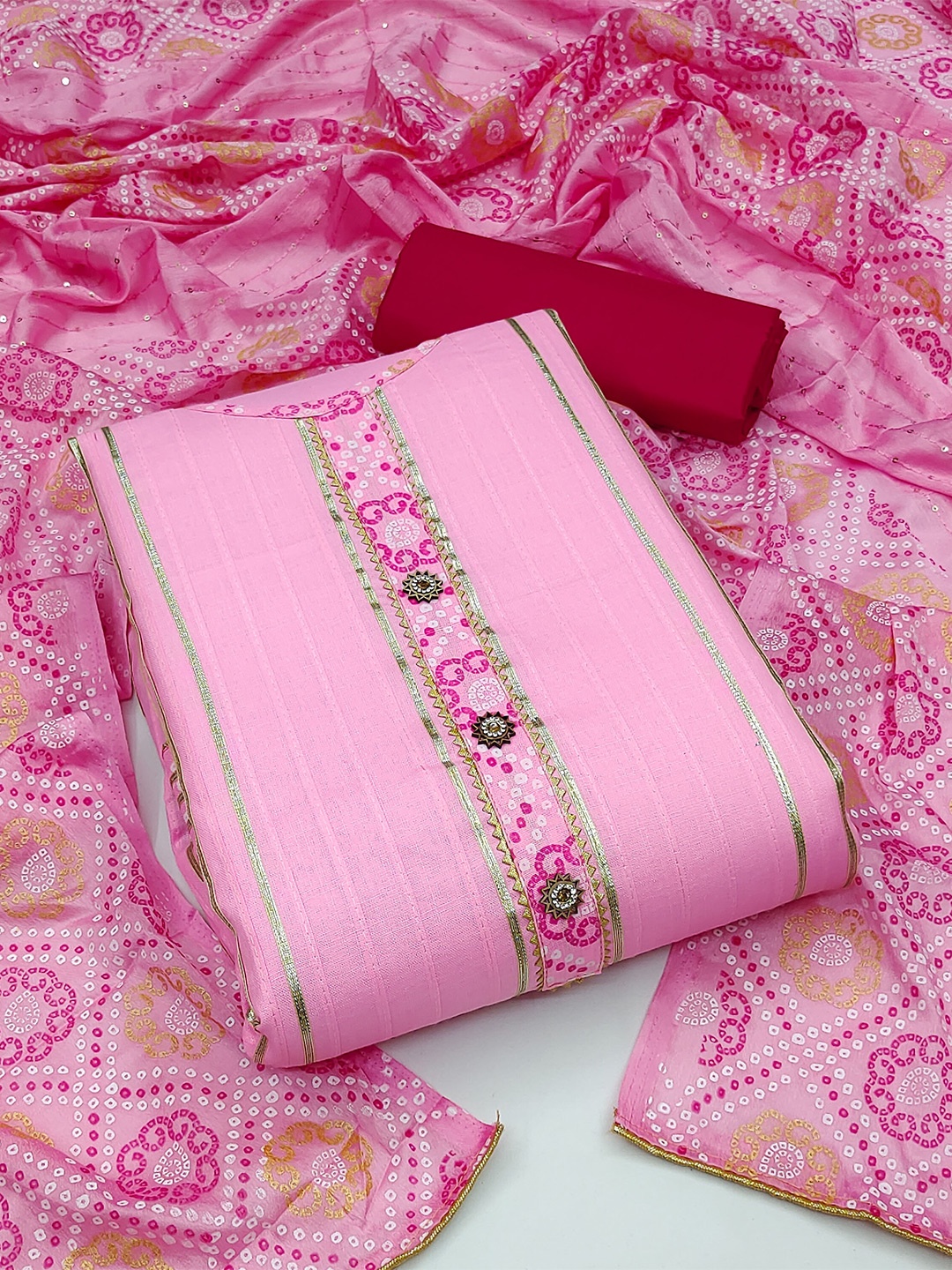 

MANVAA Bandhani Printed Unstitched Dress Material, Pink