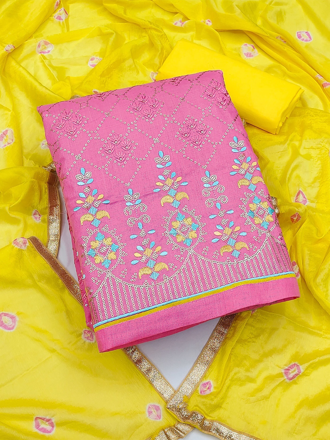 

MANVAA Ethnic Motifs Embellished Unstitched Dress Material, Pink