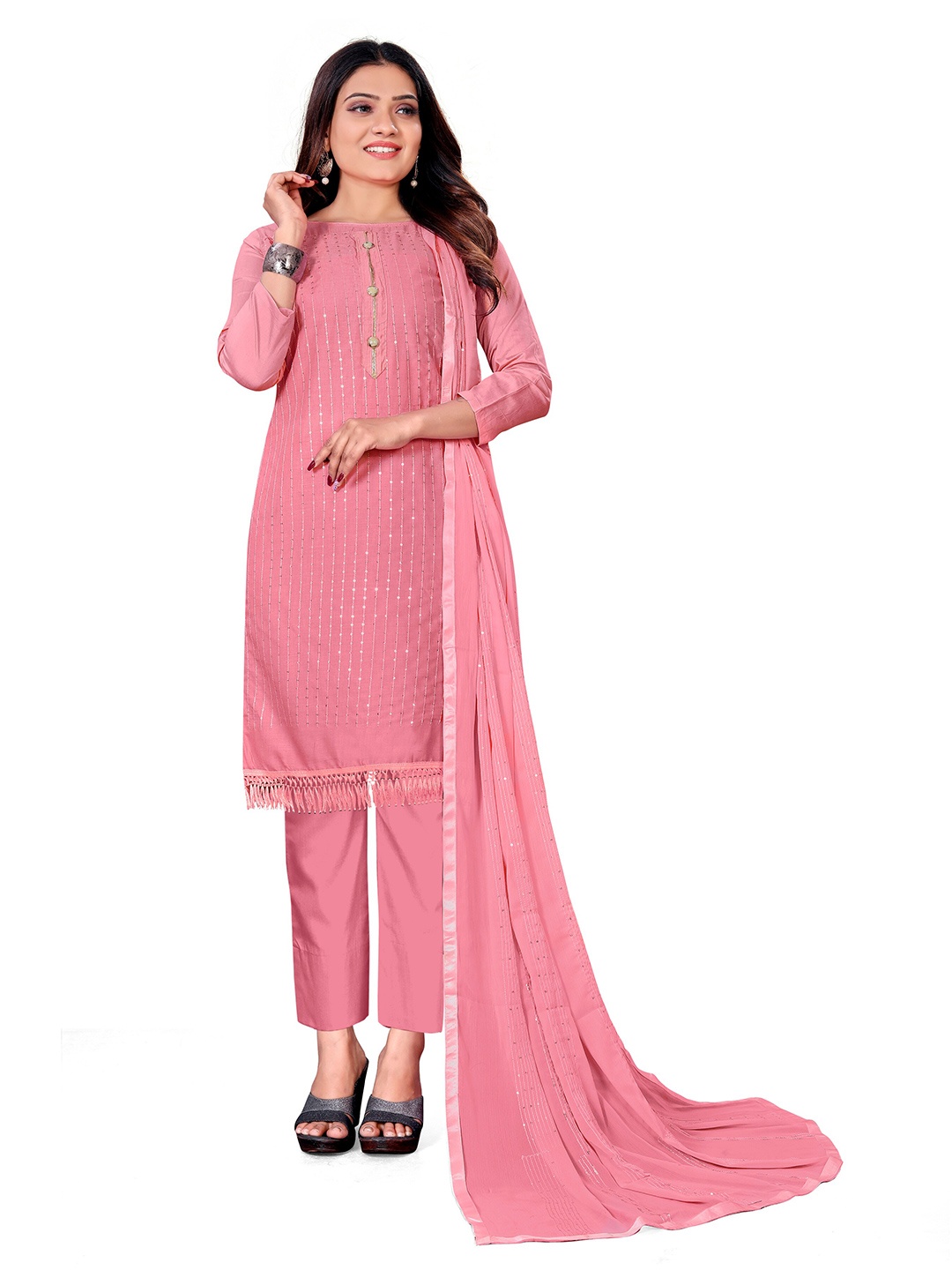 

MANVAA Striped Sequinned Unstitched Dress Material, Pink