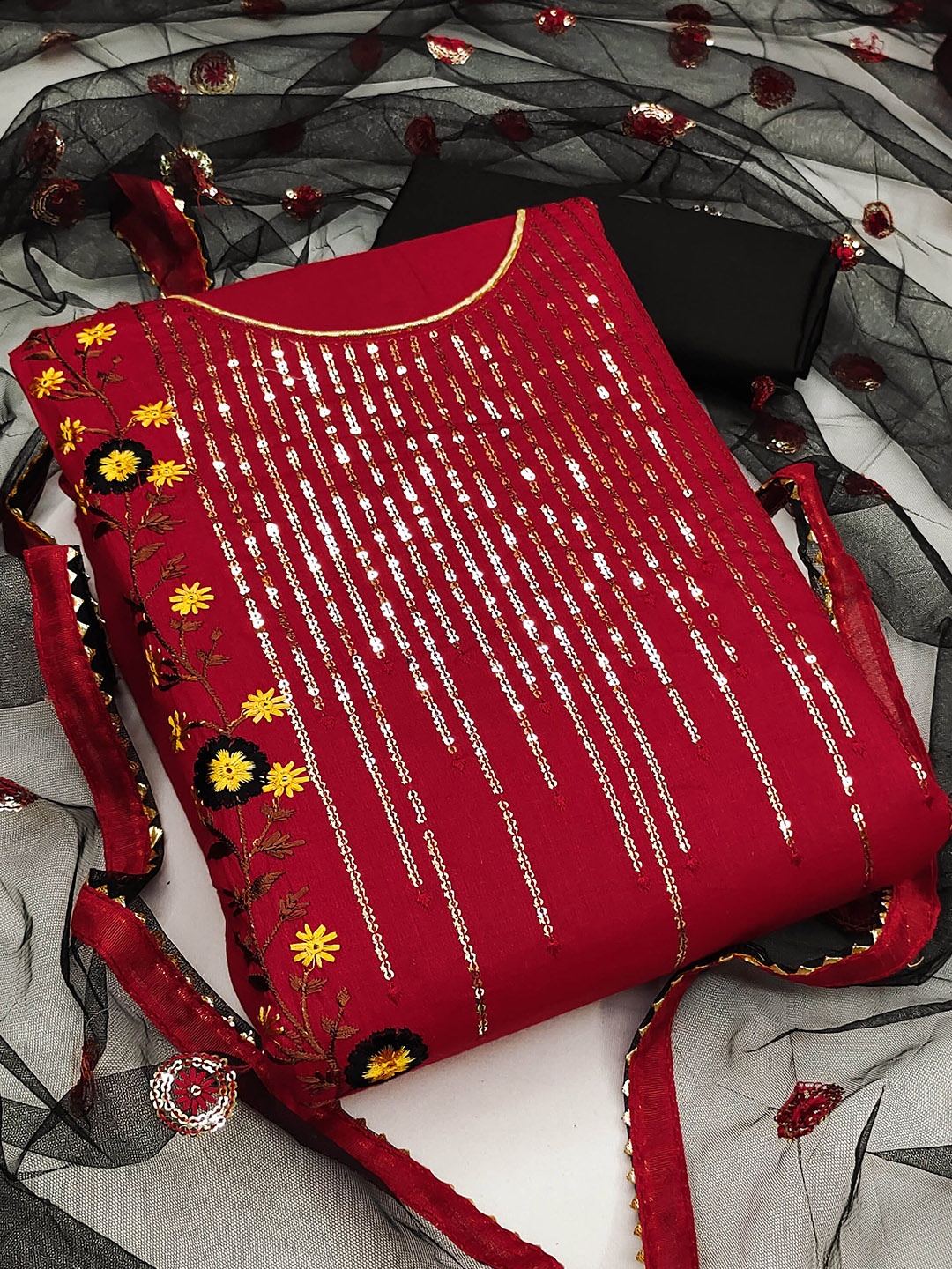 

MANVAA Ethnic Motifs Embroidered Sequinned Detailed Unstitched Dress Material, Red