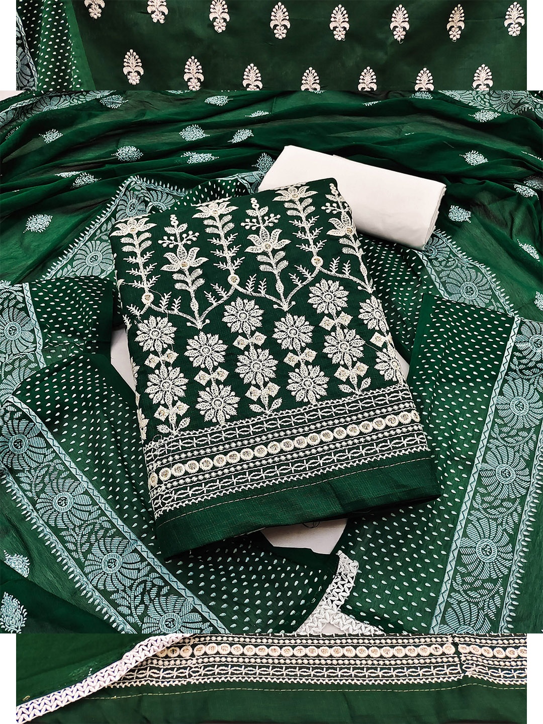 

MANVAA Ethnic Motifs Embroidered Pure Cotton Unstitched Dress Material, Green