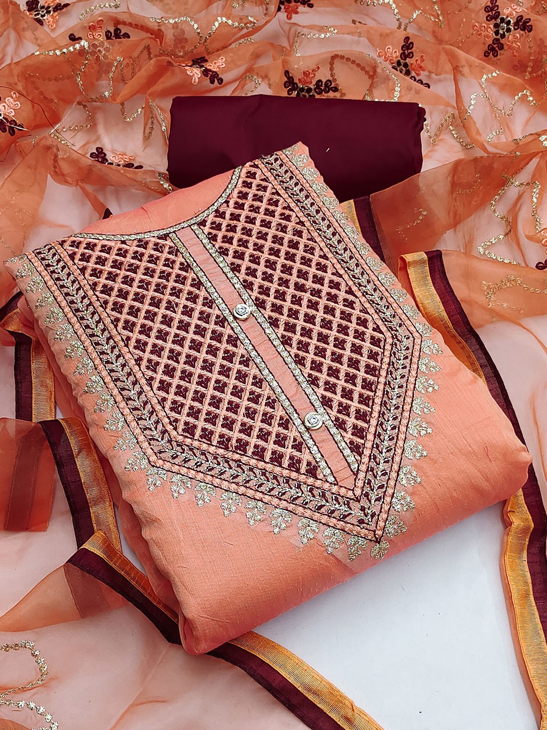

MANVAA Peach-Coloured Embroidered Unstitched Dress Material