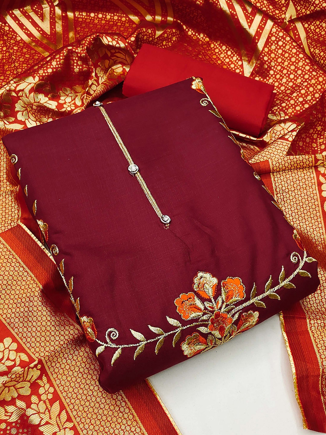 

MANVAA Floral Embroidered Zari Unstitched Dress Material, Maroon