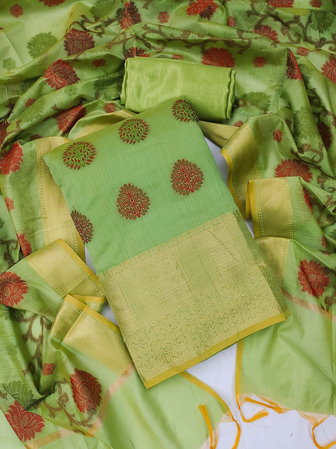 

MANVAA Ethnic Motifs Woven Design Banarasi Jacquard Unstitched Dress Material, Green